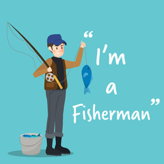 Fisherman character with fish on sky blue background