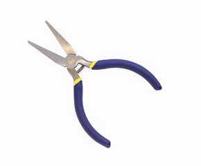 Blue pliers isolated white background.