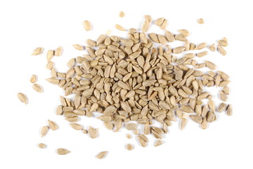 Sunflower seeds isolated on white background, top view