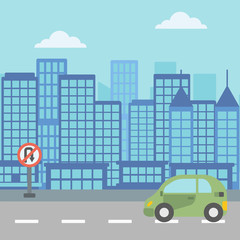 Background of modern city with a car on a road vector  vector flat design illustration. Square layout.