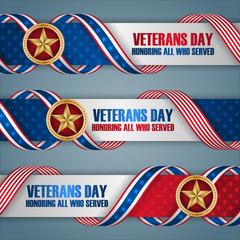 Set of web banners background with texts, badges and national flag colors for US Veterans Day event, celebration; Vector celebration