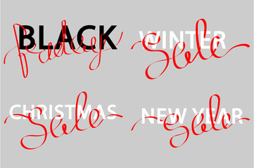set of hand lettering like ribbon vector illustration inscription of winter, christmas, new year sale and black friday for design of banners, cards, flyers, posters, tags, brochures