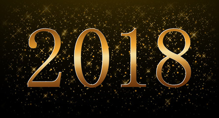 Happy New Year background. Gold numbers 2018 card. Christmas design with light, vibrant, glow and sparkle, glitter. Symbol of holiday, celebration. Luxury golden texture. Vector illustration