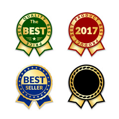 Obraz premium Ribbon awards best seller of year 2017 set. Gold ribbon award icons isolated white background. Best product golden label for prize, badge, medal, guarantee quality product Vector illustration