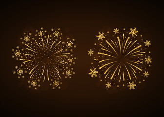 Firework gold isolated. Beautiful golden firework on black background. Bright decoration for Christmas card, Happy New Year celebration, anniversary, festival. Flat design Vector illustration