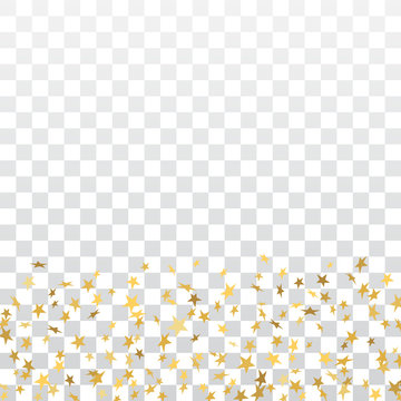 Gold stars falling confetti frame isolated on transparent background. Golden abstract pattern Christmas, New Year holiday celebration, festive, party. Glitter explosion on floor Vector illustration