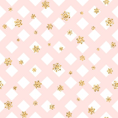 Christmas gold snowflake seamless pattern. Golden snowflakes on pink and white rhombus background. Winter snow texture wallpaper. Symbol holiday, New Year celebration Vector illustration