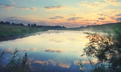 Summer landscape.River Krasivaya Mecha in Tula region,Russia. 