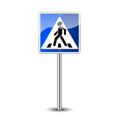 Pedestrian crossing sign. Traffic road blue sign isolated on white background. Warning people street safety icon pedestrian crossing. Glossy sign guidepost pole Vector illustration