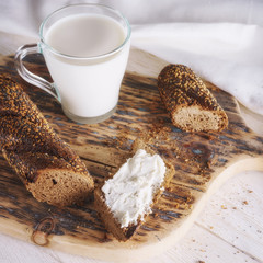 breakfast: glass of milk and loaf