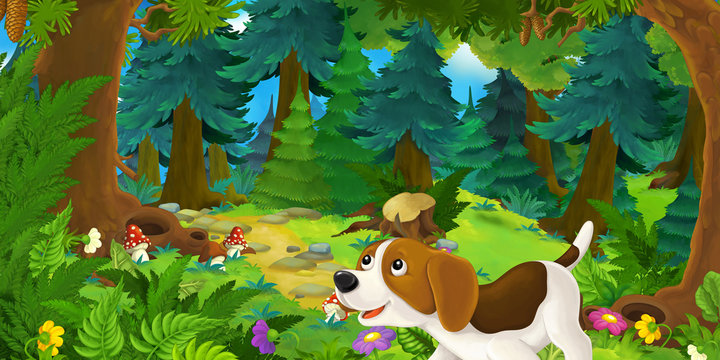 Cartoon background of a dog in the forest - illustration for children