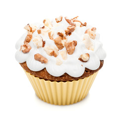 cupcake muffin with cream and nuts isolated at white background