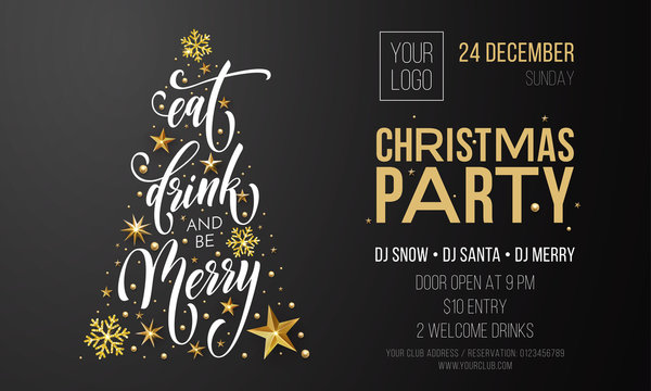 Merry Christmas party poster banner vector golden decoration snowflake New Year background