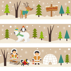 set of horizontal banners with Eskimos and polar animals - vector illustration, eps