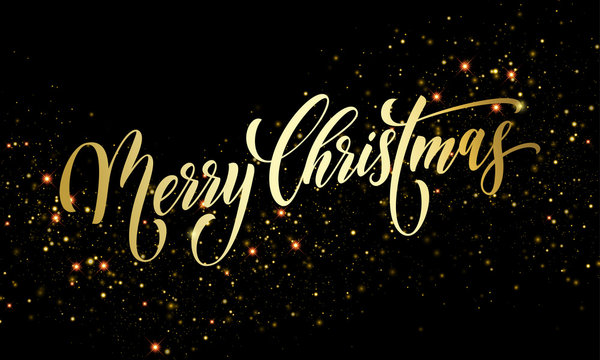 Merry Christmas greeting card of golden festive glitter confetti or sparkling fireworks on premium black background. Vector gold calligraphy lettering wish text design for Christmas winter holiday