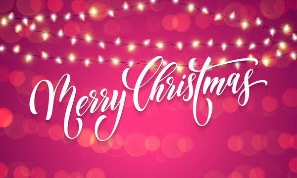 Merry Christmas greeting card calligraphy and Christmas lights garland on sparkling bokeh light background with blur effect. Vector festive shine and wish lettering for New Year winter holiday