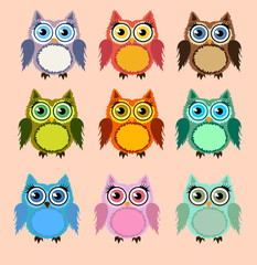 A set of nine lovely owls-girls in circles with bows on ears and eyes
