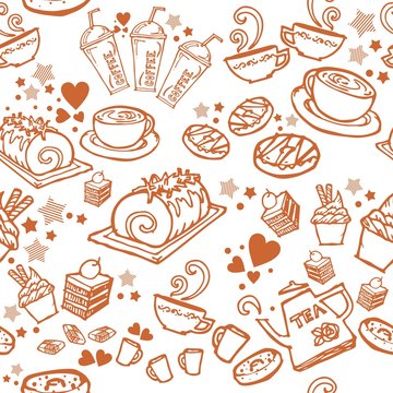 various coffee,cake,cupcake,Sandwich,cookie , appetizer and beverage seamless pattern sketch drawing line by brown pen vector with white background