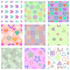Set of seamless vector geometrical patterns with different geometric figures, forms. pastel endless background with hand drawn textured geometric figures. Graphic vector illustration - 176409968