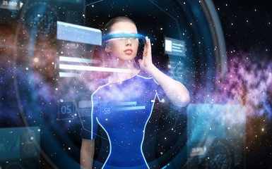 woman in virtual reality 3d glasses with charts