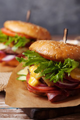 Fresh grilled beef burger and french fries