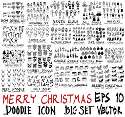 MEGA set of doodles vector. Super collection of Christmas Calendar, Snowman, Santa, Deer, Chimney, Santa Hat, Candy, Bow, Bell, Holly Berry, Coffee Cup, Gift, Sleigh, Wine Glass, Ball eps10