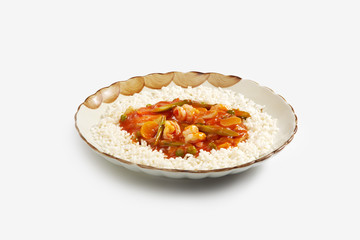 Prawns with bittersweet sauce and vegetables vietnamese style on white blackground