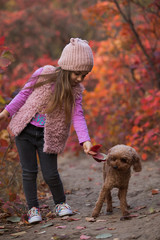 Little girl playing with dog together on nature at the autumn day, art portrait