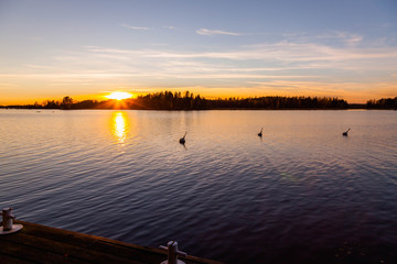 Autumn in Finland, lake and forest, sunset, nature photography. Travel.
