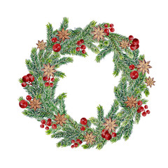 Fototapeta na wymiar hand drawn watercolor christmas wreath with red berries and cinnamon
