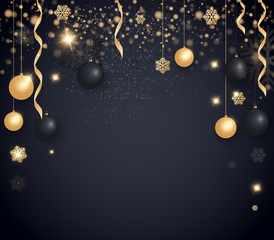 Fototapeta na wymiar Layout Happy New Year 2018 golden and black color space for text Christmas balls, gold concerts and snowflakes. Golden bokeh, light and ribbons. Vector illustration