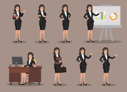 Business woman in various poses. Flat design.