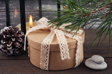 Christmas tree, gift box and candle