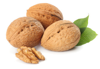 Green walnuts with leaves isolated on a white background
