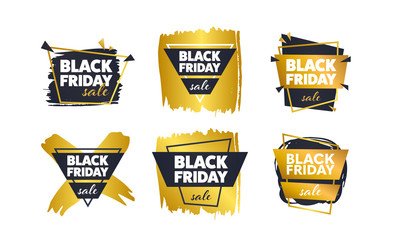 Black Friday Sale banner. Creative badge with ink splashes, paint strokes, geometric shapes. End of season, discount, sale tag. Banner for business, promotion and advertising. Vector illustration.