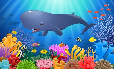 Cartoon sperm whale swimming in the sea. Vector illustration