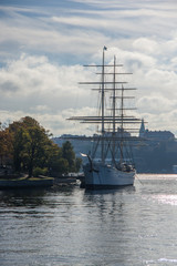 Stockholm, Sweden - October 15, 2015. Sailing ship on the quay in the center of Stockholm. In the capital of Sweden, a large number of different ships, boats and yachts