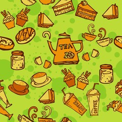 various coffee,cake,cupcake,Sandwich,cookie , appetizer and beverage seamless pattern sketch drawing line orange green Themes with white background