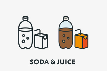 Soda Plastic Bottle and Juice Paper Packet with Straw Minimal Flat Line Outline Colorful and Stroke Icon Pictogram