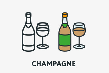 Champagne Bottle and Glass Alcohol Minimal Flat Line Outline Colorful and Stroke Icon Pictogram