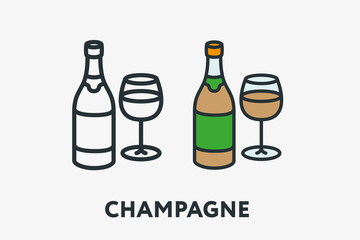Champagne Bottle and Glass Alcohol Minimal Flat Line Outline Colorful and Stroke Icon Pictogram