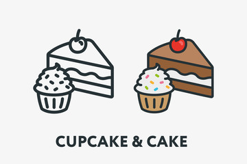 Cake Slice and Cupcake Sweet Dessert Bun Bakery Concept. Minimal Flat Line Outline Colorful and Stroke Icon Pictogram