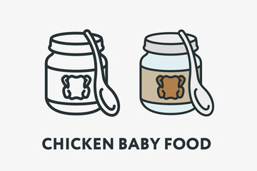 Chicken Baby Kid Children Food Nutrition Puree Glass Can Jar with Small Spoon Minimal Flat Line Outline Colorful and Stroke Icon Pictogram