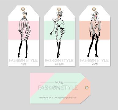 Set of fashion labels with beautiful women in sketch style, Paris, London, Milan business card, beauty girls hand drawn vector illustration
