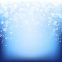 Beautiful winter background with with bokeh lights, stars, sparkles and falling snowflakes. Vector illustration.