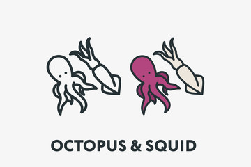 Seafood Concept Octopus and Squid Minimal Flat Line Outline Colorful and Stroke Icon Pictogram