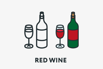 Red Wine Bottle and Glass Alcohol Concept Minimal Flat Line Outline Colorful and Stroke Icon Pictogram