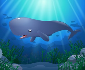Cartoon sperm whale swimming in the sea. Vector illustration