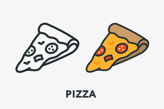 Italian Pizza Salami Pepperoni Slice With Melted Cheese Minimal Flat Line Outline Colorful and Stroke Icon Pictogram