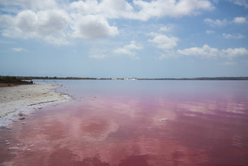 Pink salty lake and blue sky. Alicante, Torrevieja, Spain